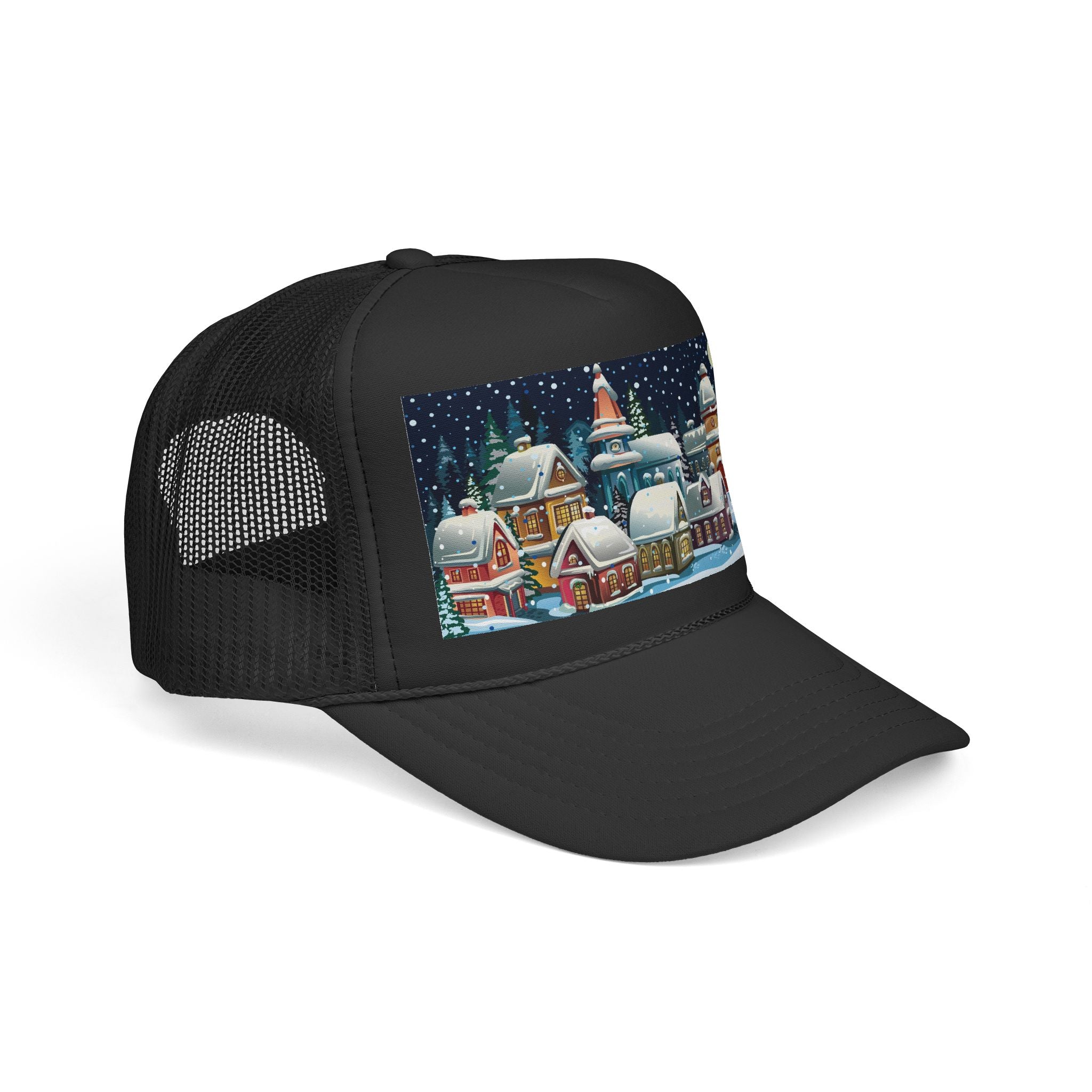 Designer Christmas Snowy Village Trucker Cap - Holiday Winter Scene Hat