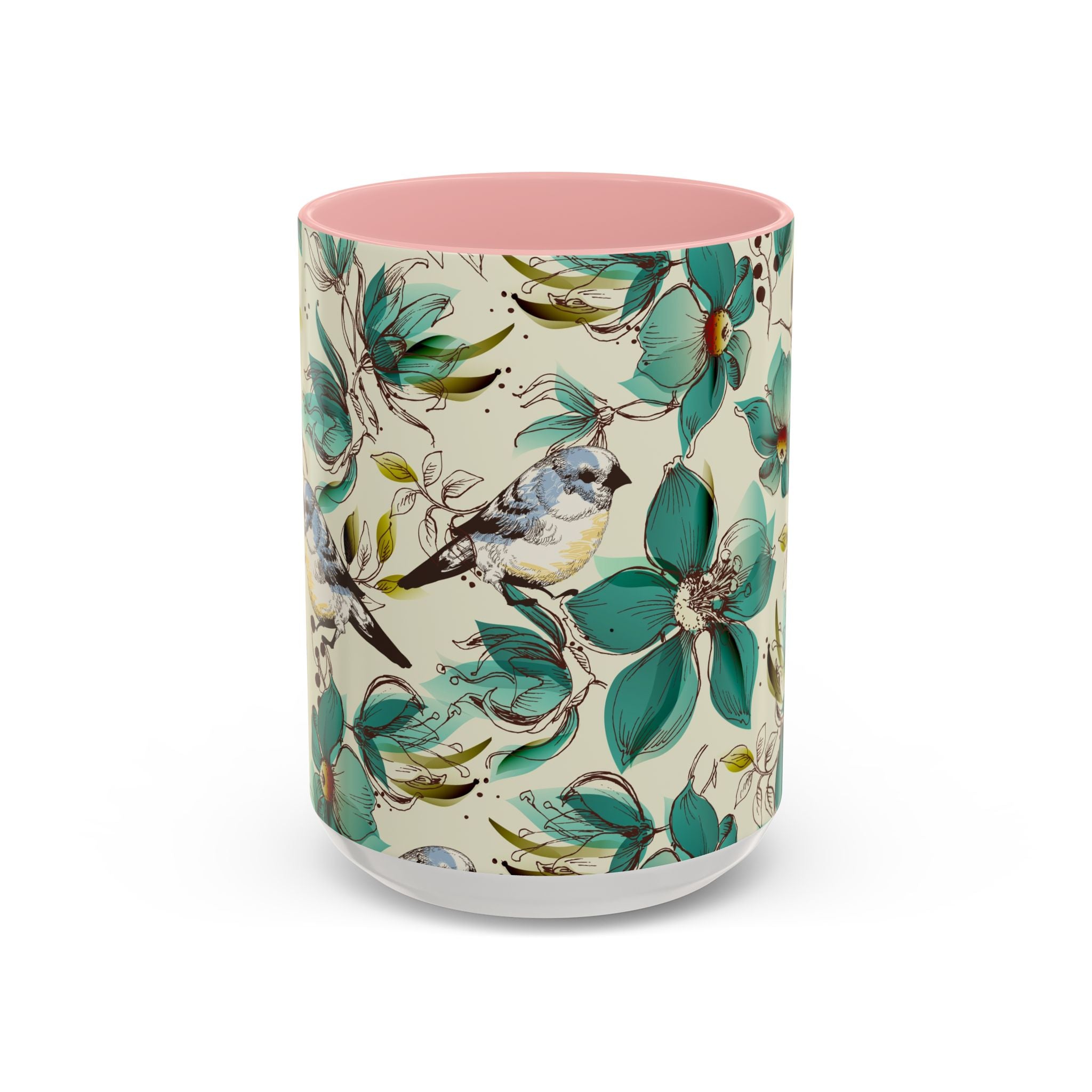 Designer Floral Bluebird Accent Coffee Mug – Teal Flower Ceramic Mug (11/15 oz)