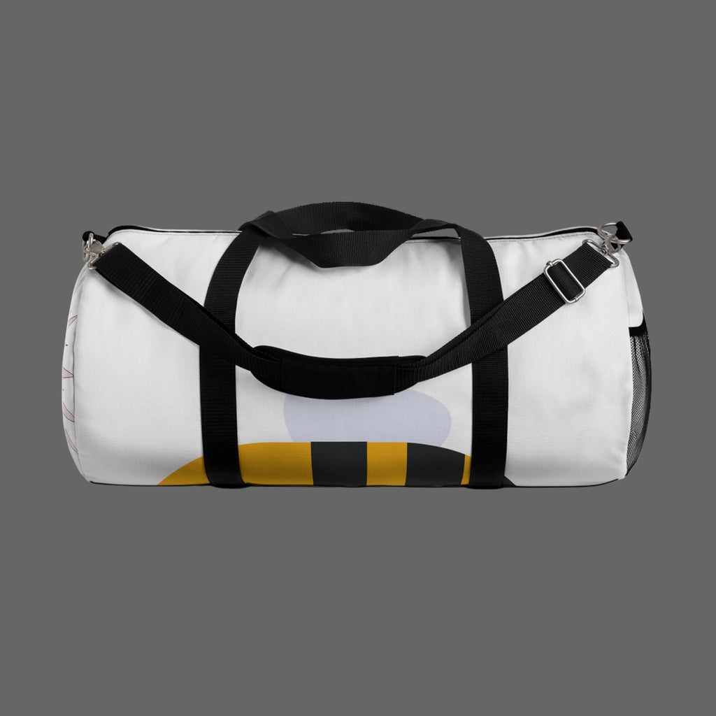 Bumbee duffle bag, black straps, white weekend bag with black & yellow design