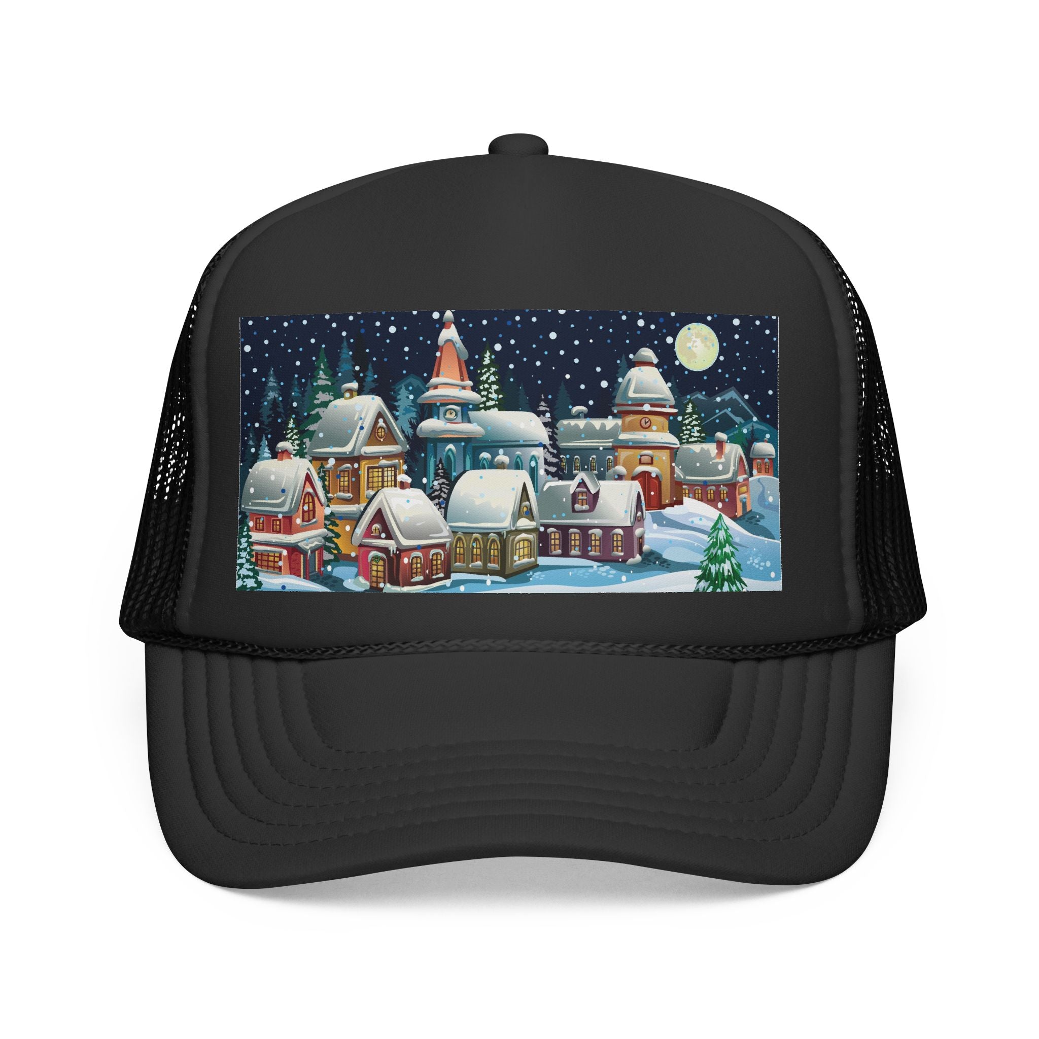 Designer Christmas Snowy Village Trucker Cap - Holiday Winter Scene Hat