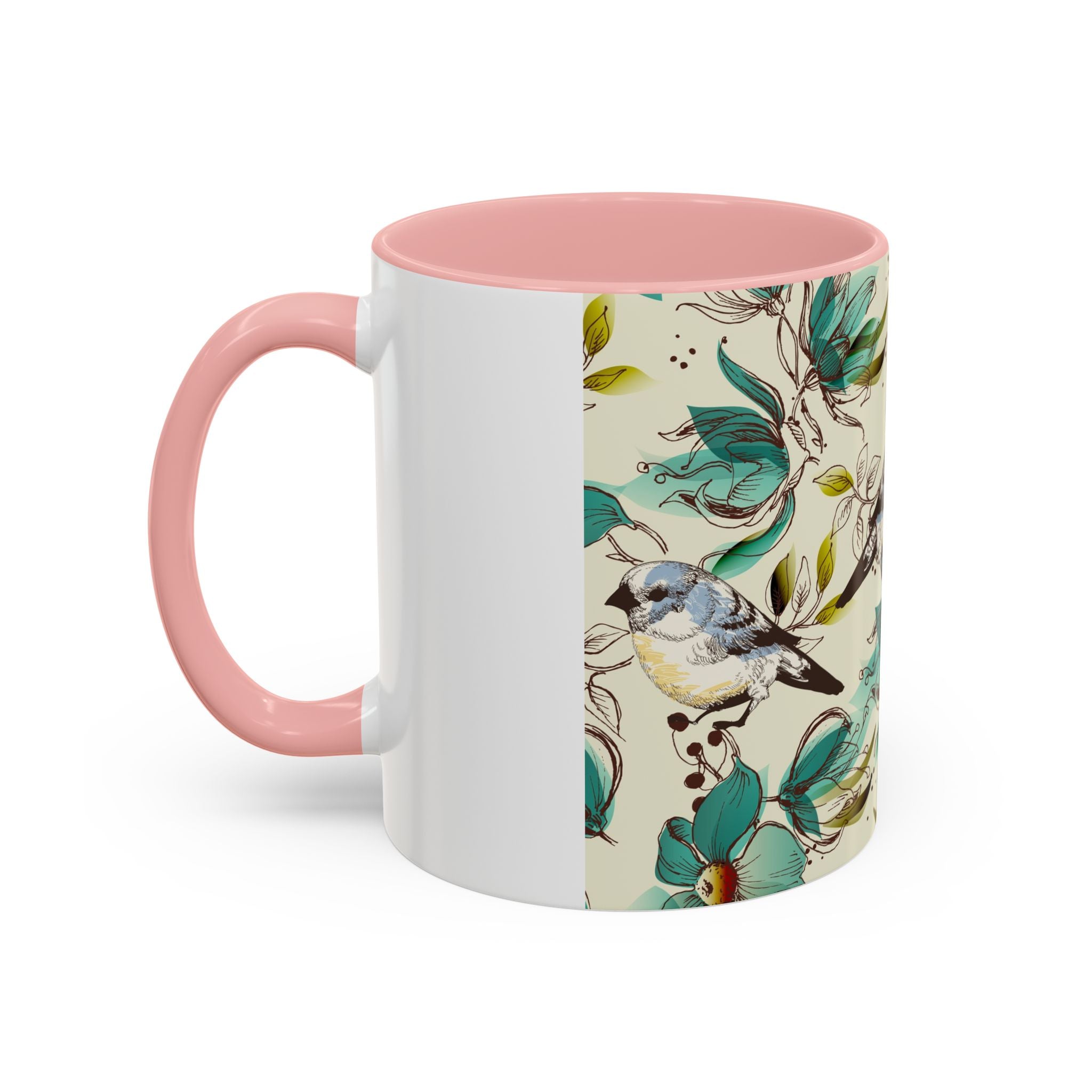 Designer Floral Bluebird Accent Coffee Mug – Teal Flower Ceramic Mug (11/15 oz)