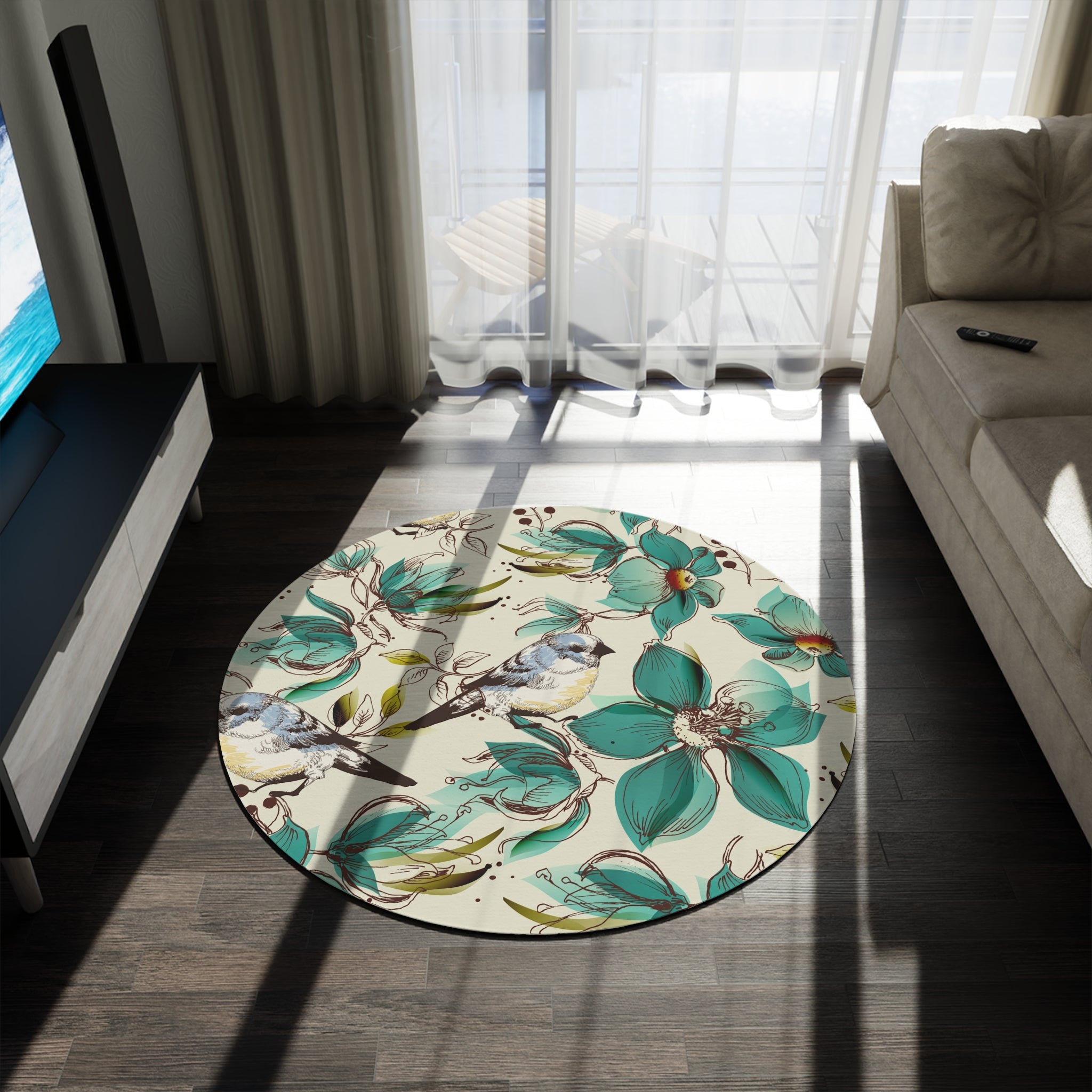 Designer Floral Bird Round Rug — Teal Botanical Accent Mat