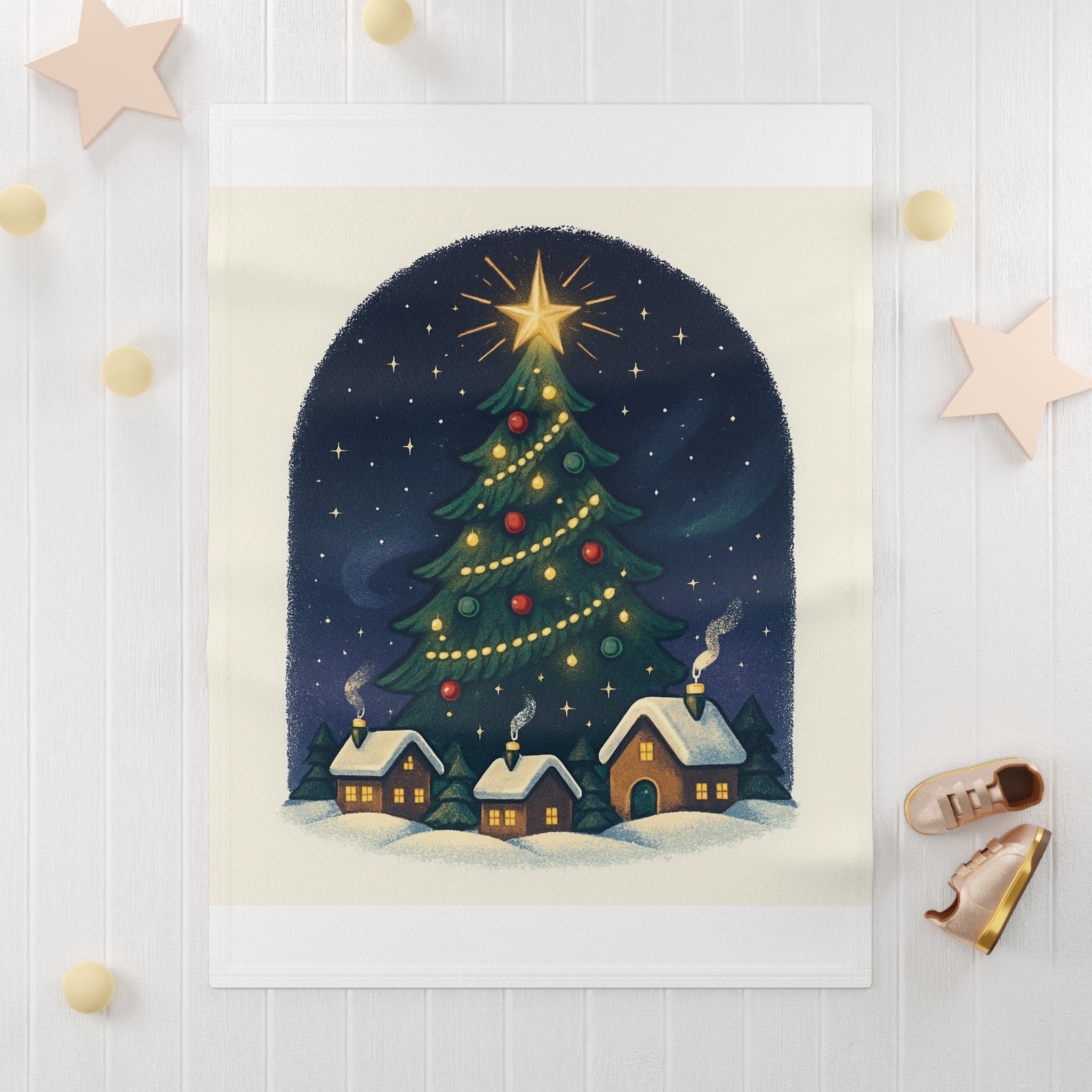 Designer Christmas Tree Baby Blanket — Cosy Holiday Fleece with Star-Topped Tree & Snowy Village