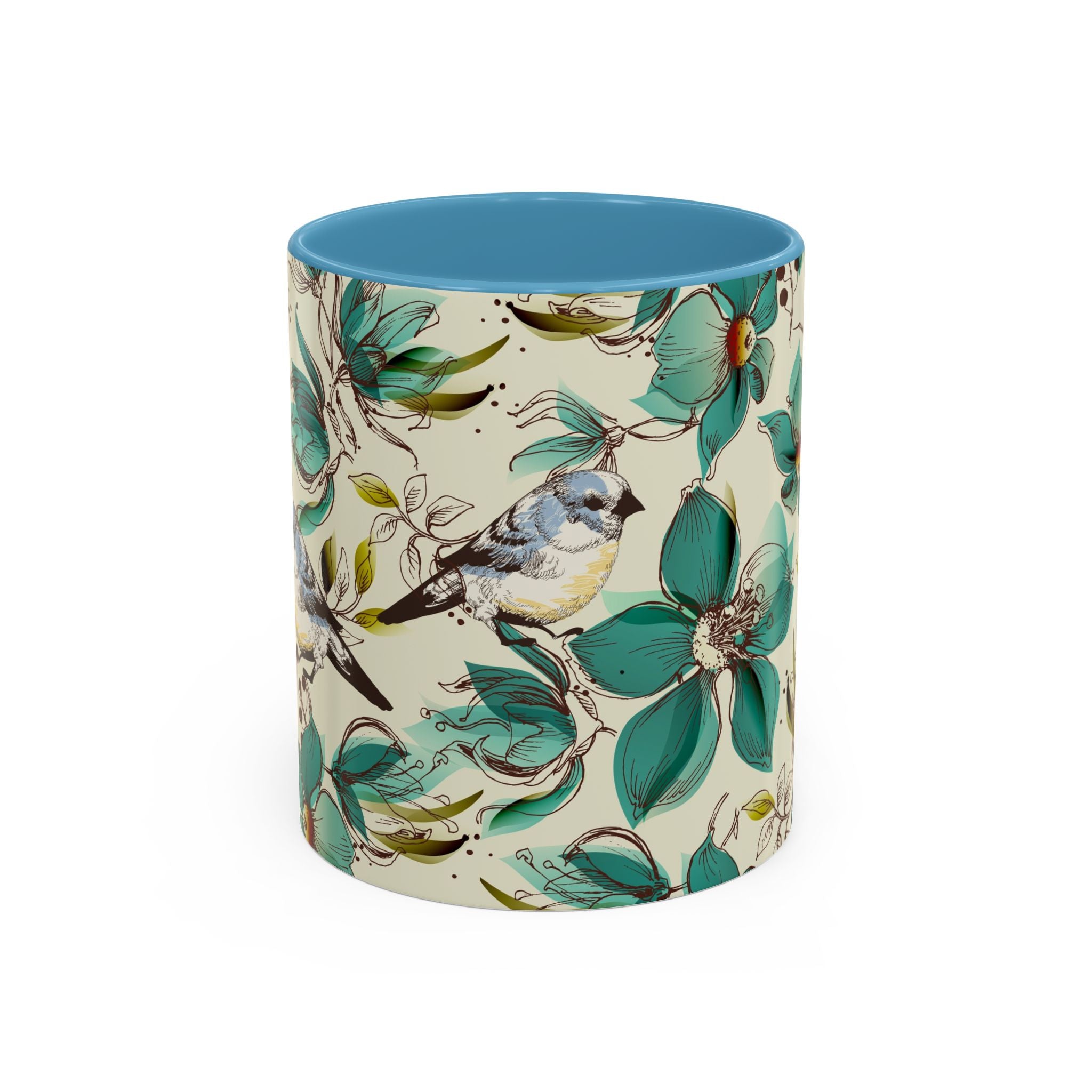 Designer Floral Bluebird Accent Coffee Mug – Teal Flower Ceramic Mug (11/15 oz)