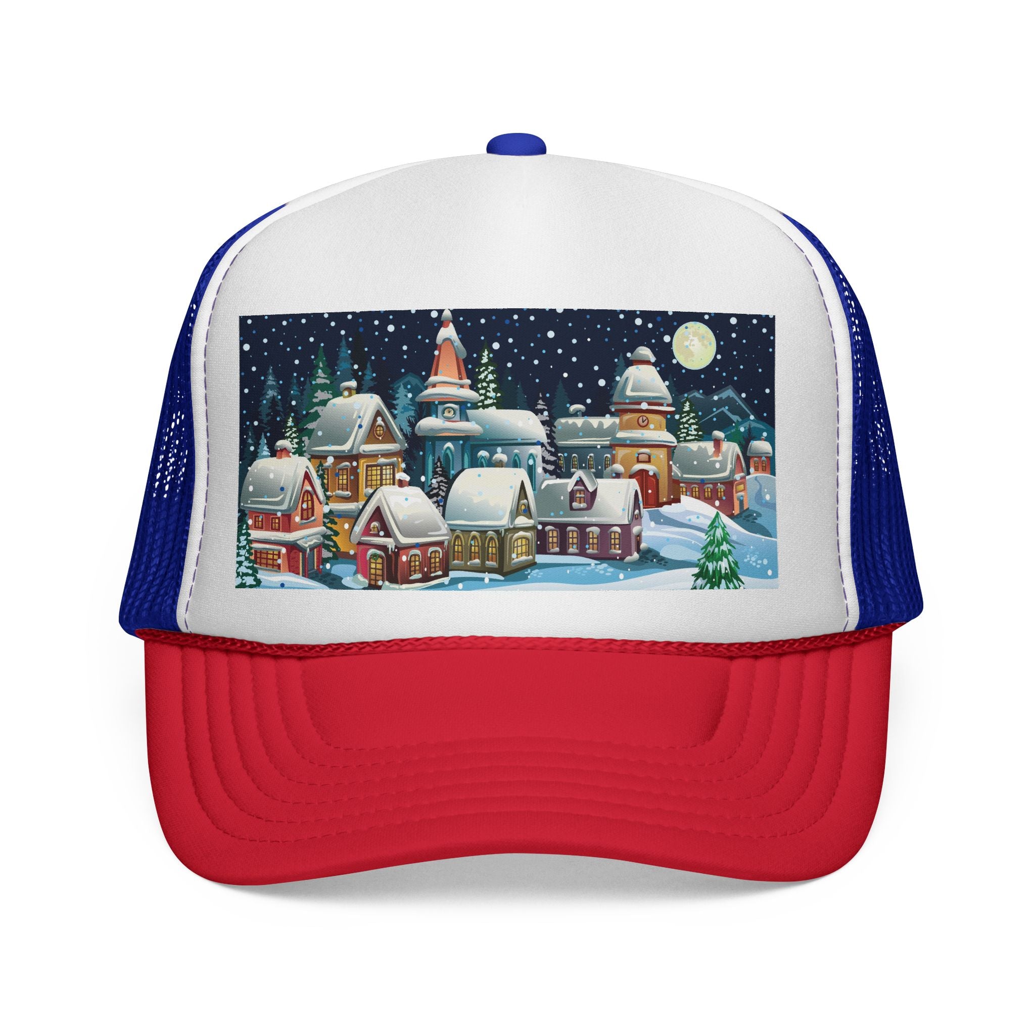 Designer Christmas Snowy Village Trucker Cap - Holiday Winter Scene Hat