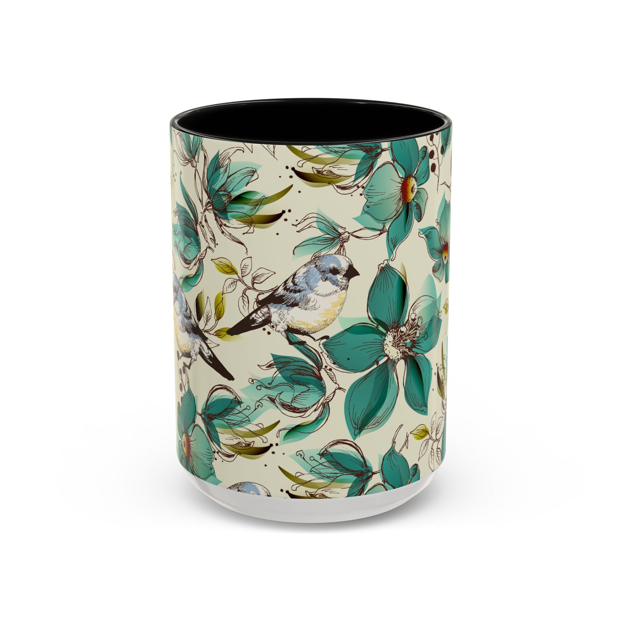 Designer Floral Bluebird Accent Coffee Mug – Teal Flower Ceramic Mug (11/15 oz)