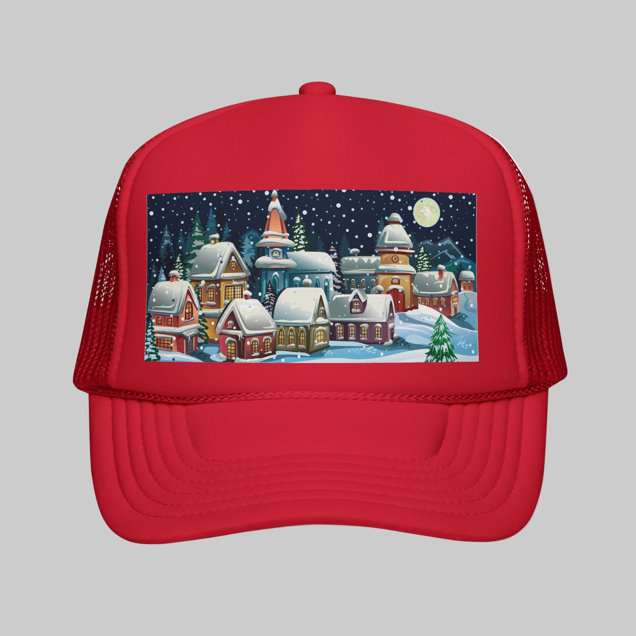 Designer Christmas Snowy Village Trucker Cap - Holiday Winter Scene Hat