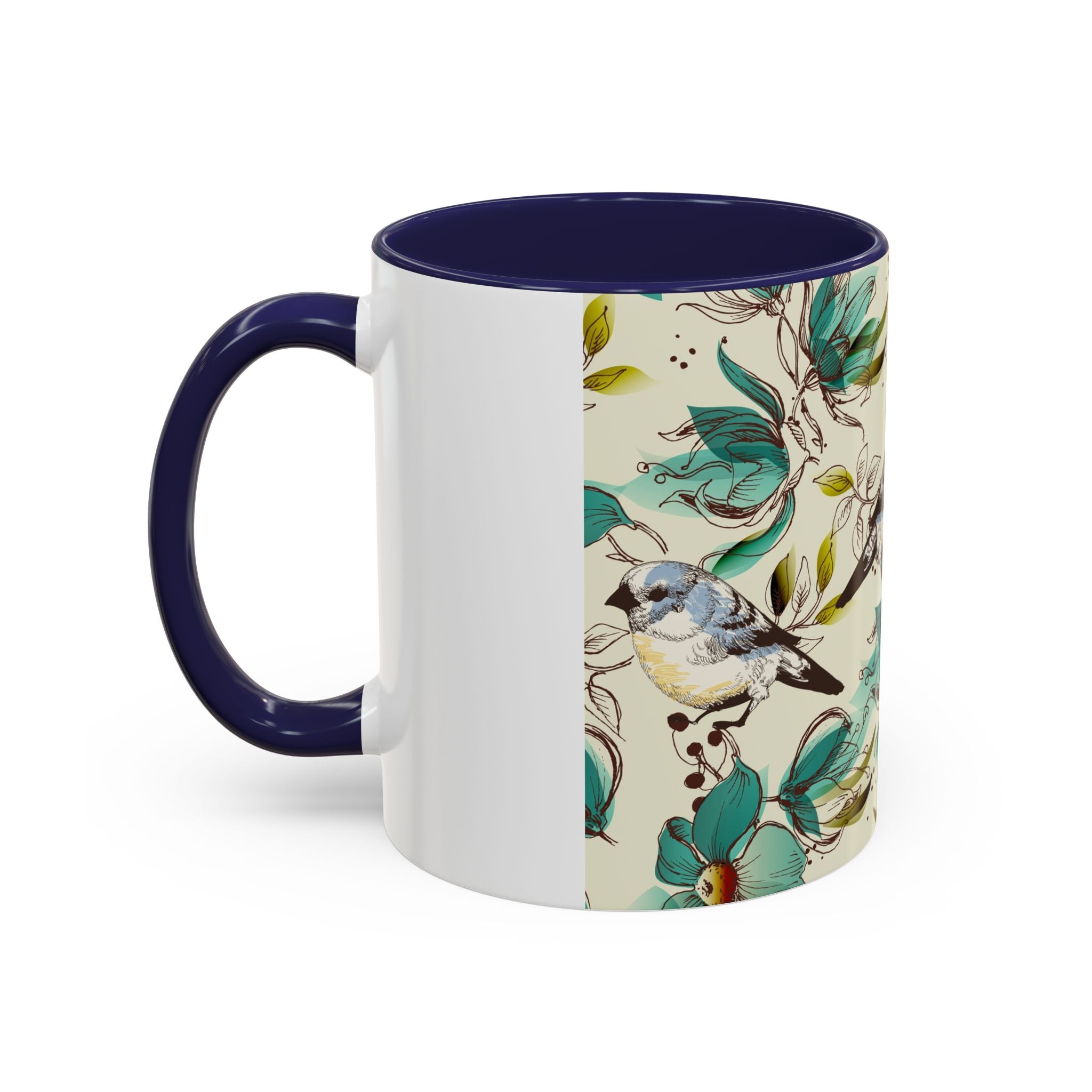 Designer Floral Bluebird Accent Coffee Mug – Teal Flower Ceramic Mug (11/15 oz)