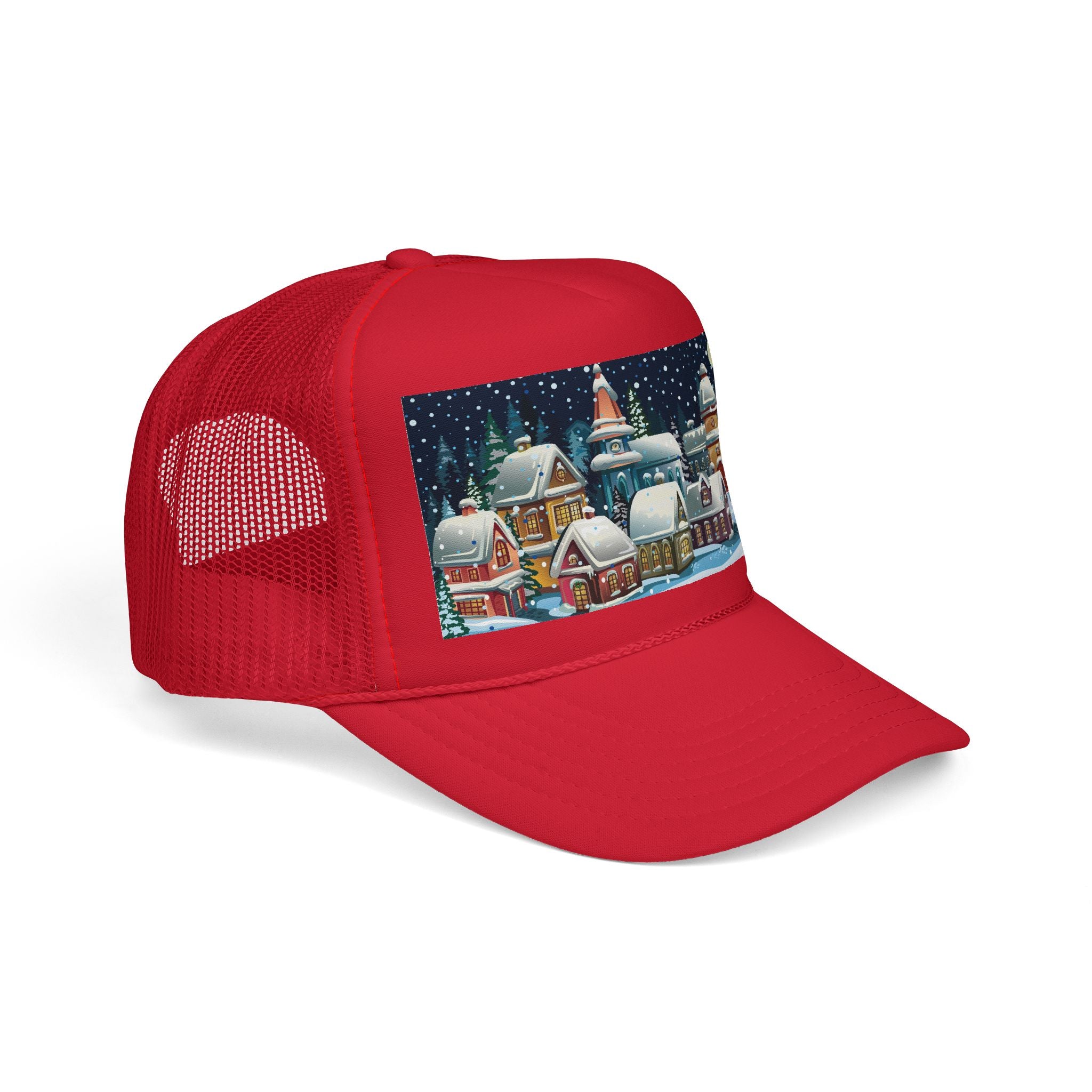 Designer Christmas Snowy Village Trucker Cap - Holiday Winter Scene Hat