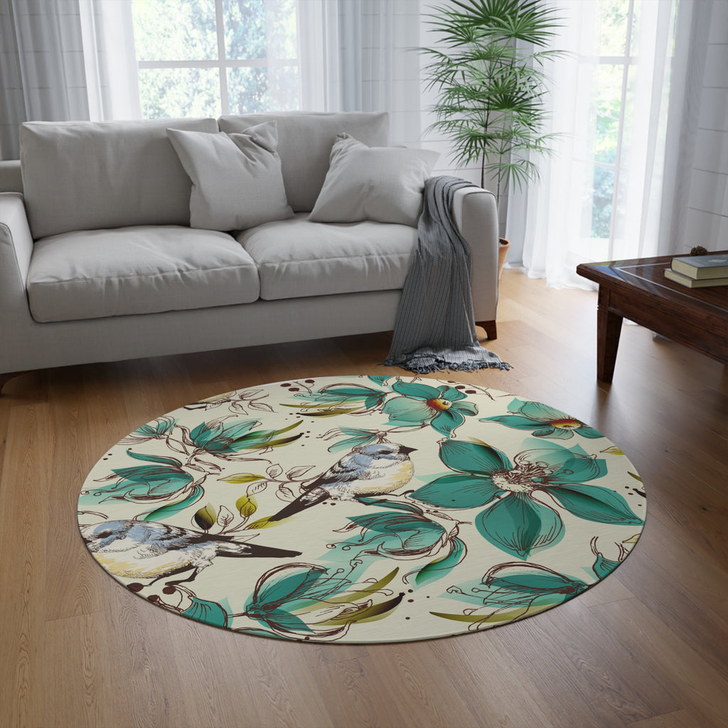 Teal Botanical Bird Rug