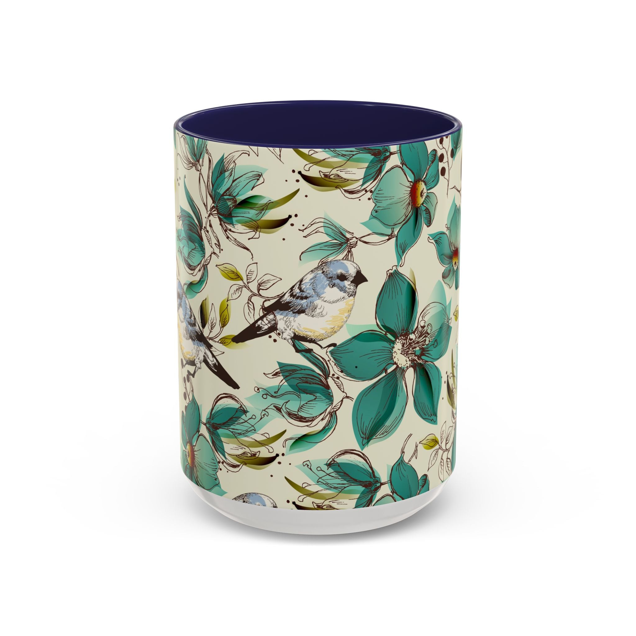 Designer Floral Bluebird Accent Coffee Mug – Teal Flower Ceramic Mug (11/15 oz)