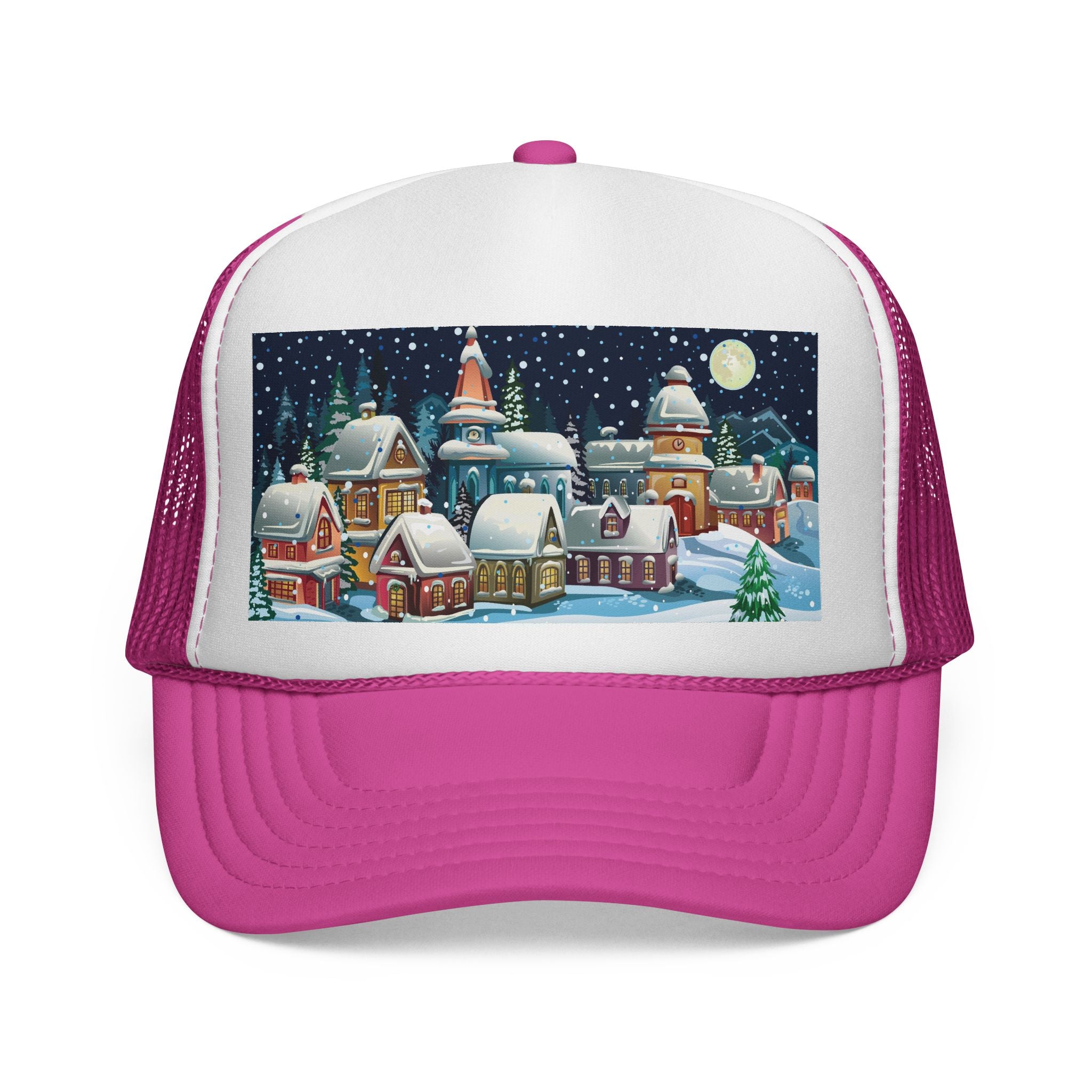 Designer Christmas Snowy Village Trucker Cap - Holiday Winter Scene Hat
