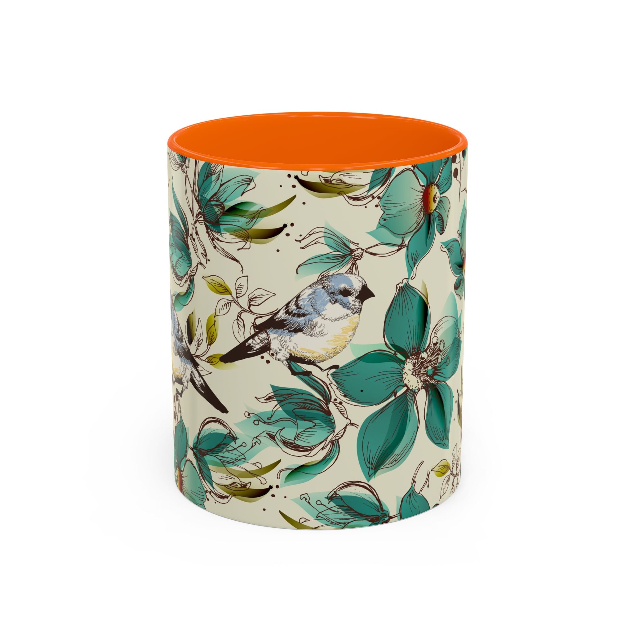 Designer Floral Bluebird Accent Coffee Mug – Teal Flower Ceramic Mug (11/15 oz)