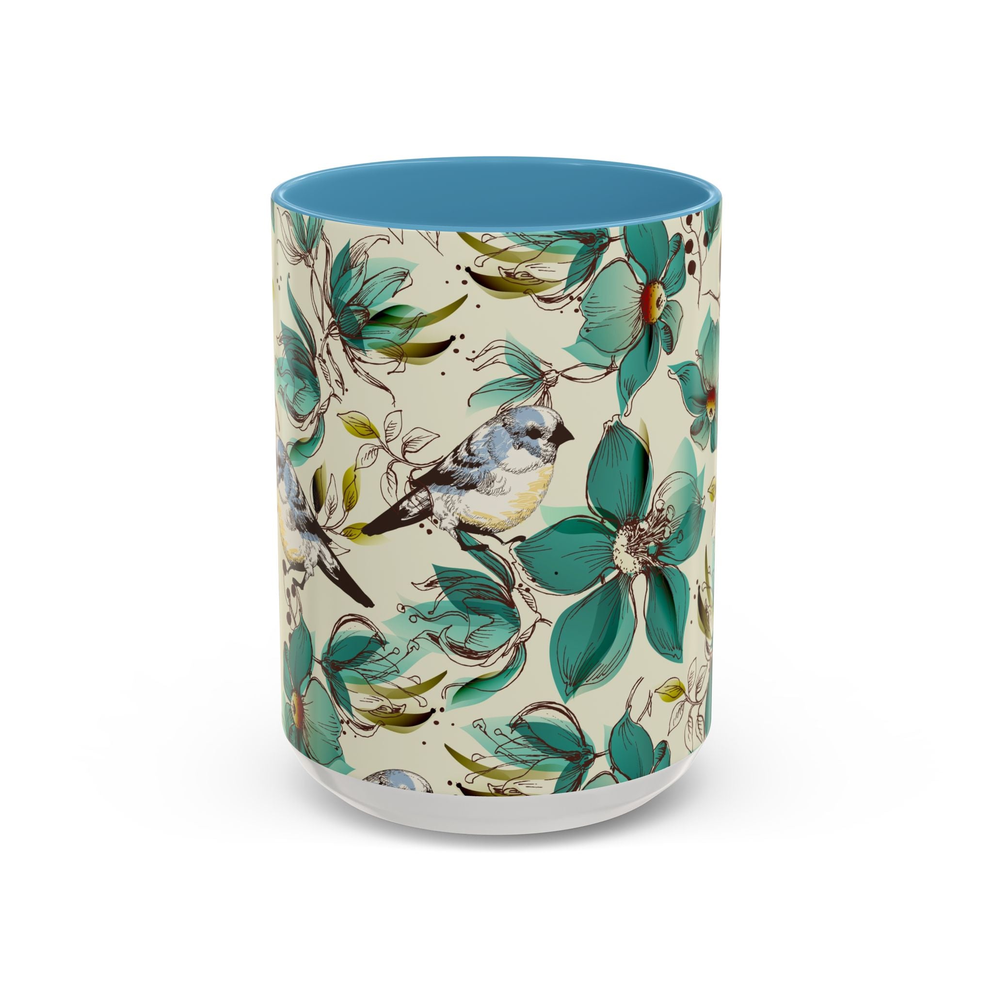 Designer Floral Bluebird Accent Coffee Mug – Teal Flower Ceramic Mug (11/15 oz)