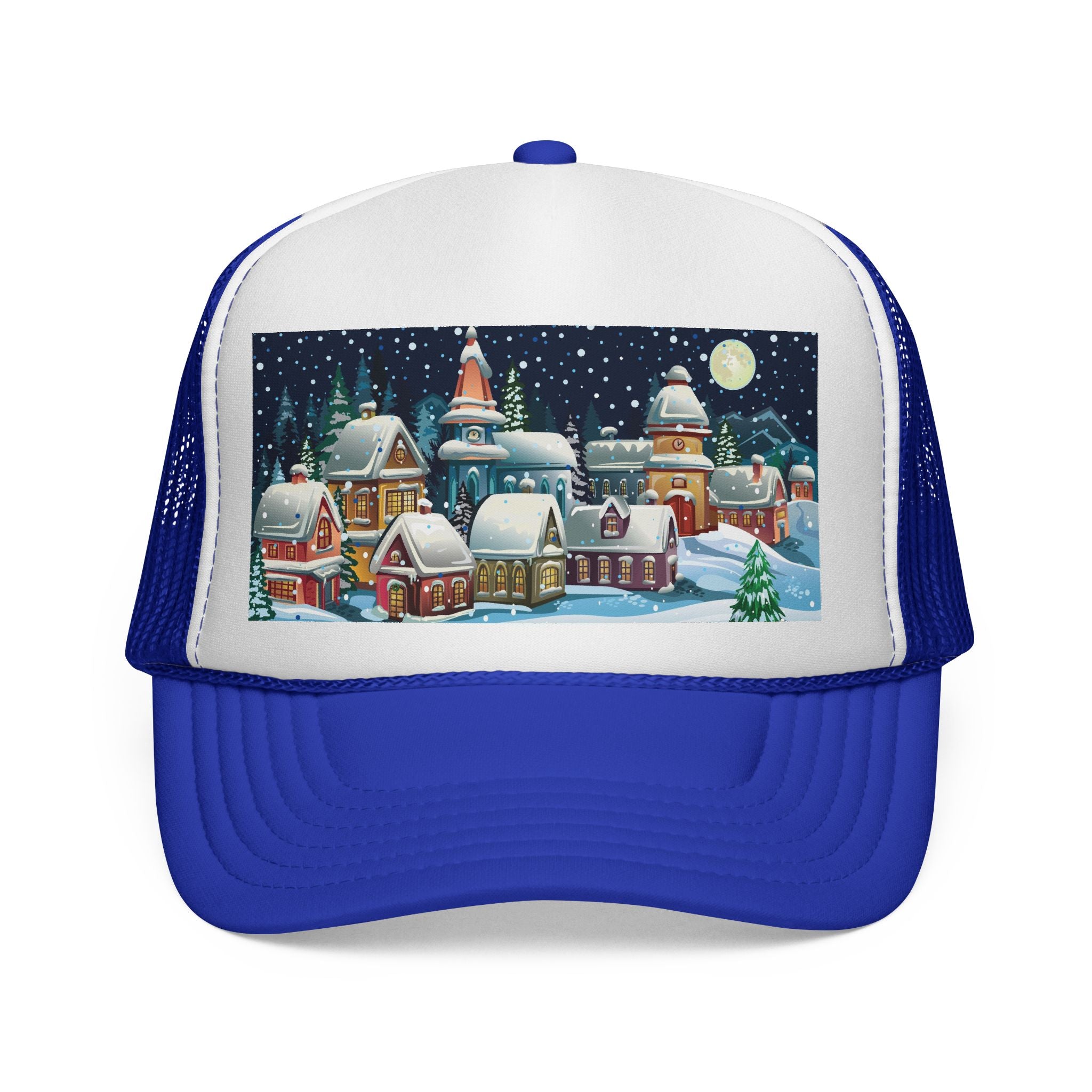 Designer Christmas Snowy Village Trucker Cap - Holiday Winter Scene Hat