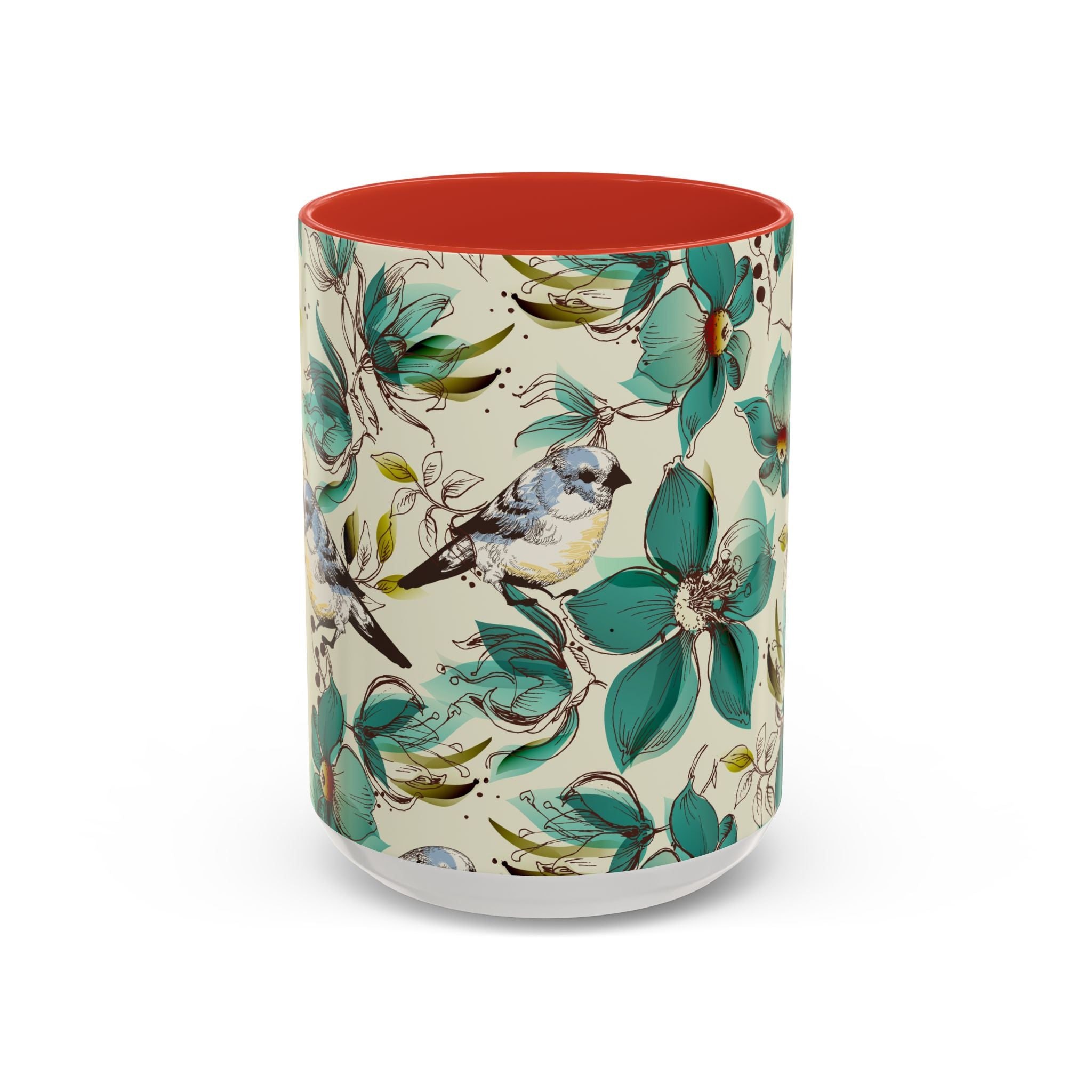 Designer Floral Bluebird Accent Coffee Mug – Teal Flower Ceramic Mug (11/15 oz)