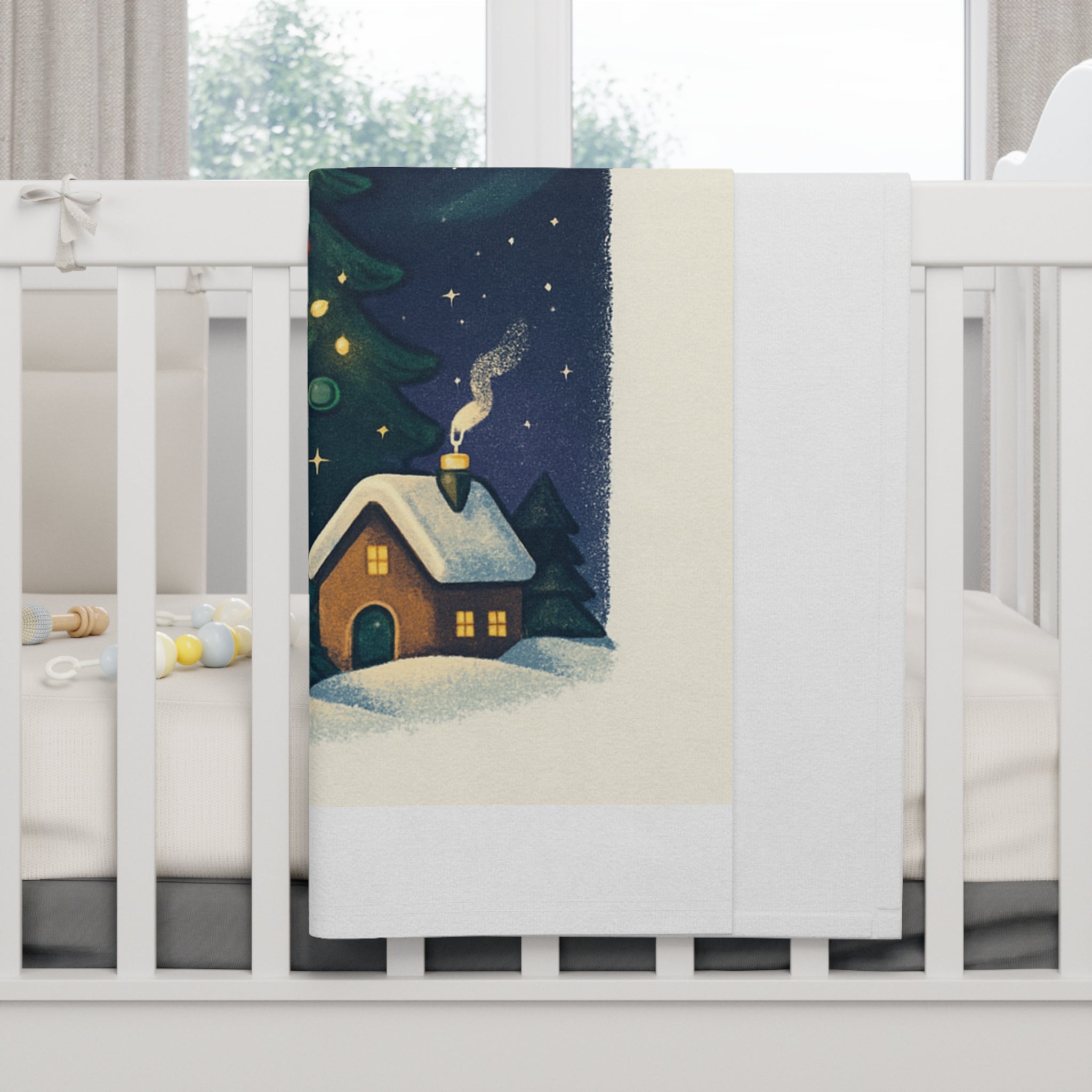 Designer Christmas Tree Baby Blanket — Cosy Holiday Fleece with Star-Topped Tree & Snowy Village