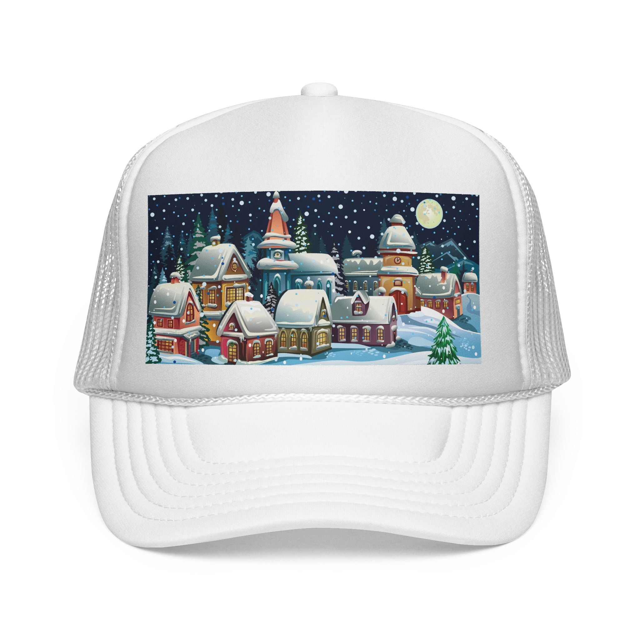 Designer Christmas Snowy Village Trucker Cap - Holiday Winter Scene Hat