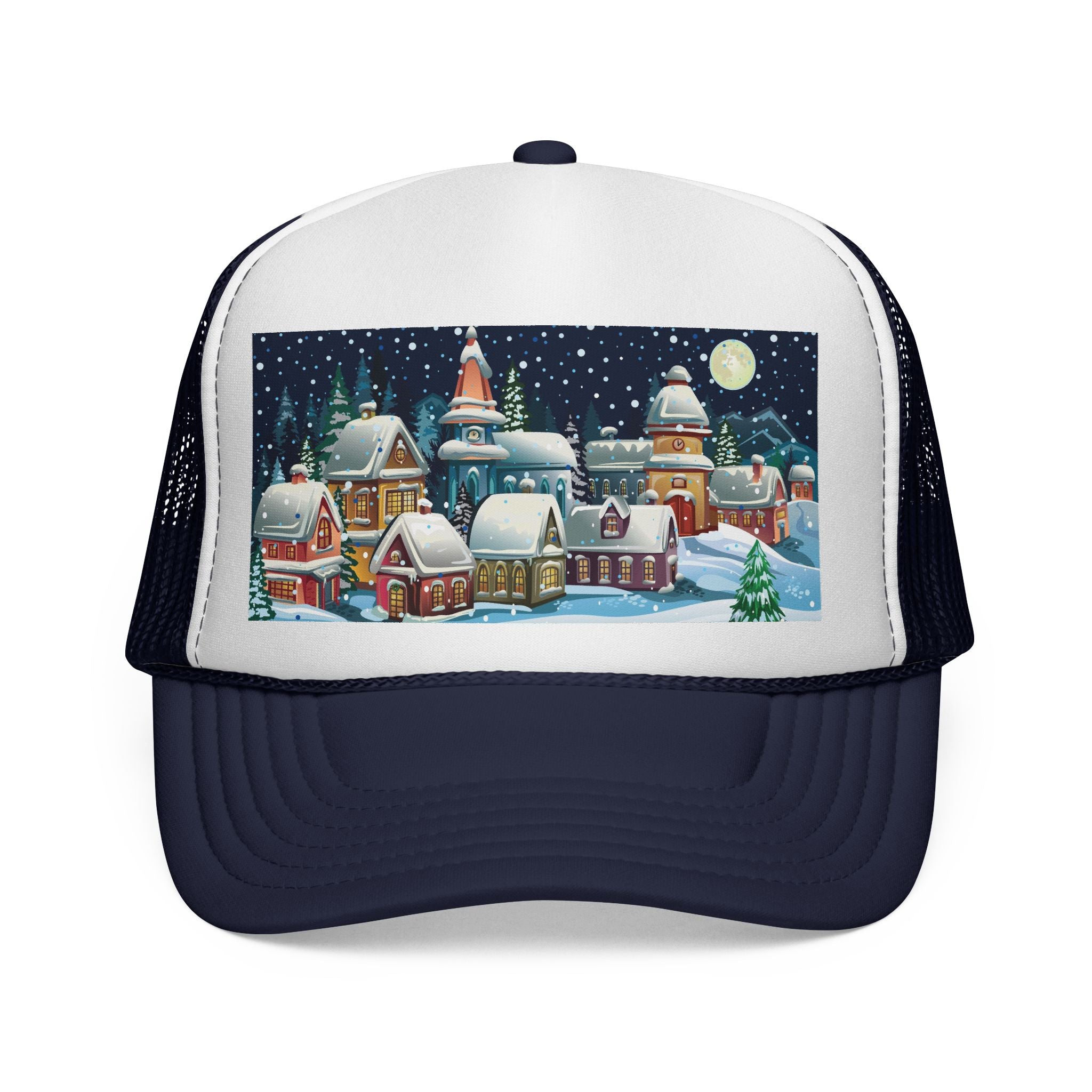 Designer Christmas Snowy Village Trucker Cap - Holiday Winter Scene Hat