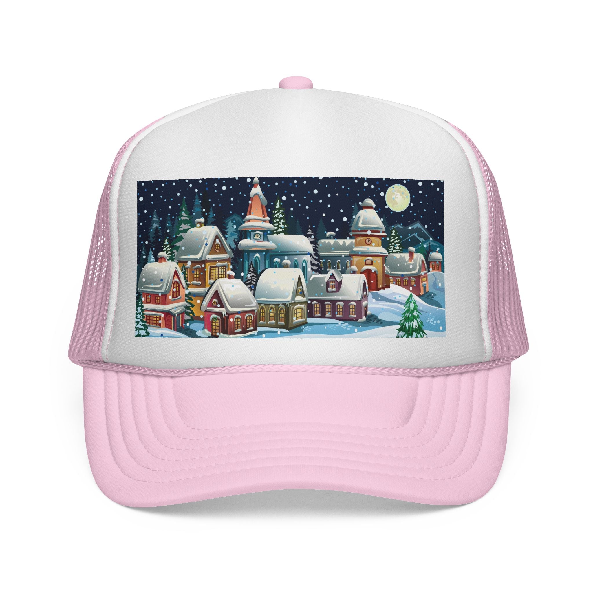 Designer Christmas Snowy Village Trucker Cap - Holiday Winter Scene Hat