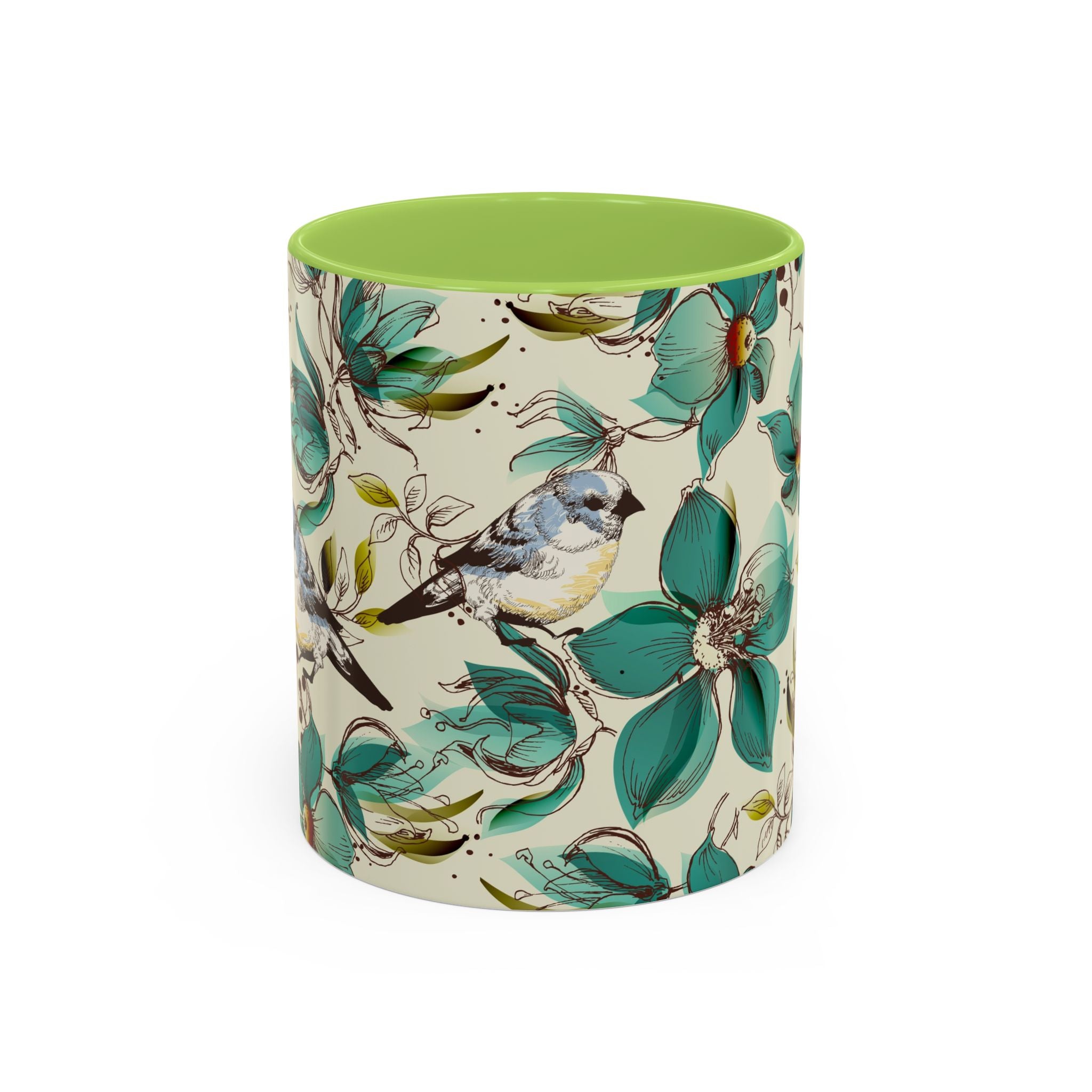 Designer Floral Bluebird Accent Coffee Mug – Teal Flower Ceramic Mug (11/15 oz)