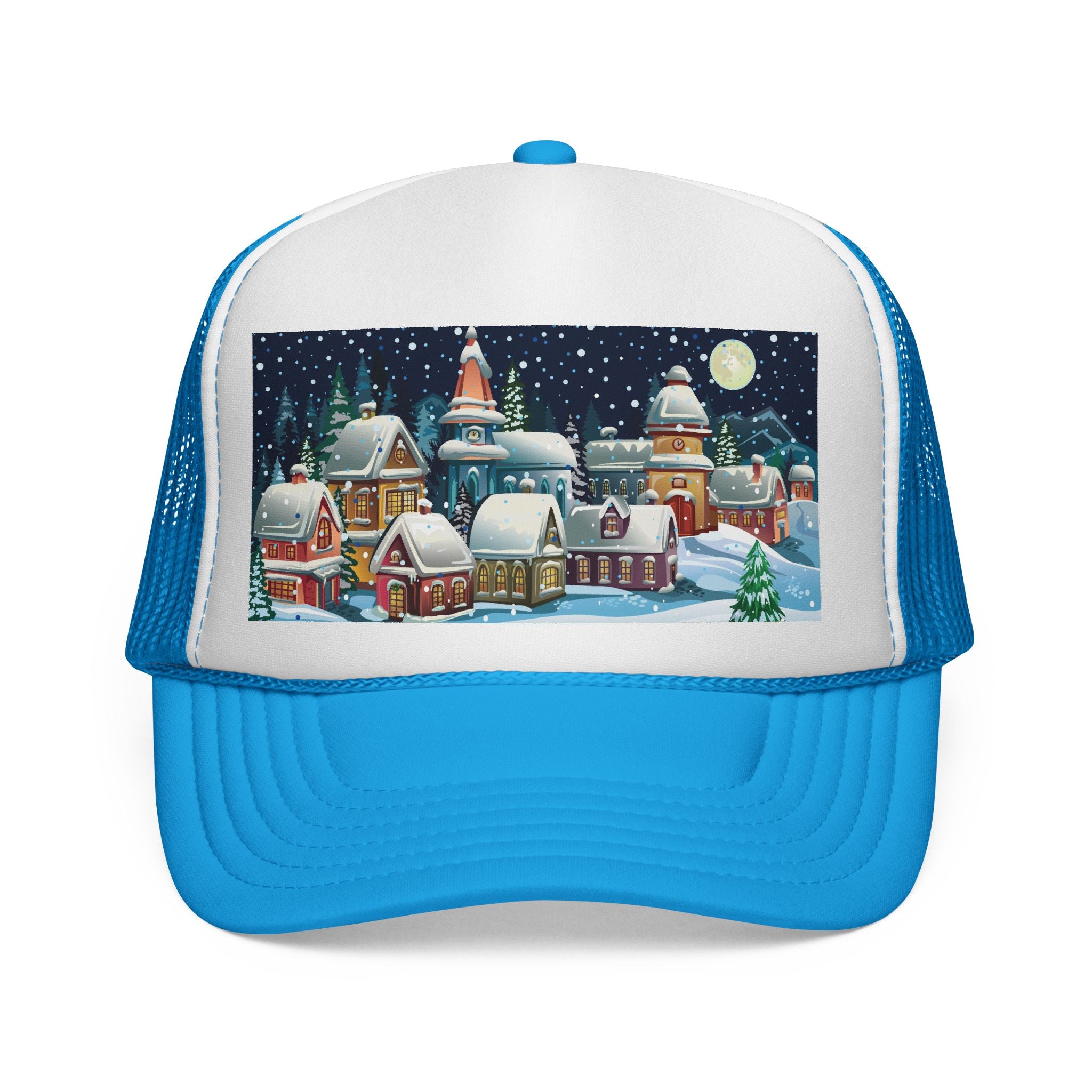 Designer Christmas Snowy Village Trucker Cap - Holiday Winter Scene Hat