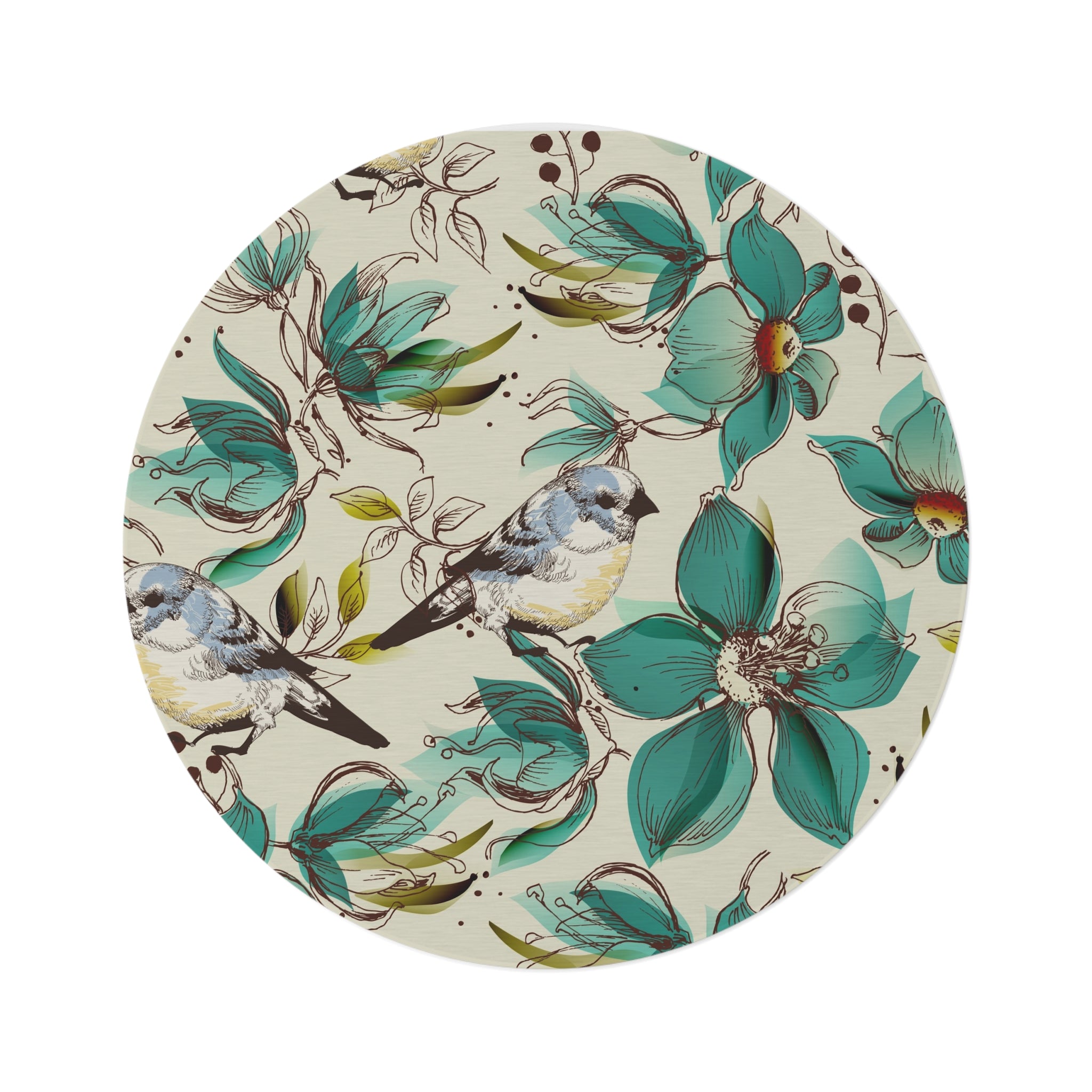 Designer Floral Bird Round Rug — Teal Botanical Accent Mat