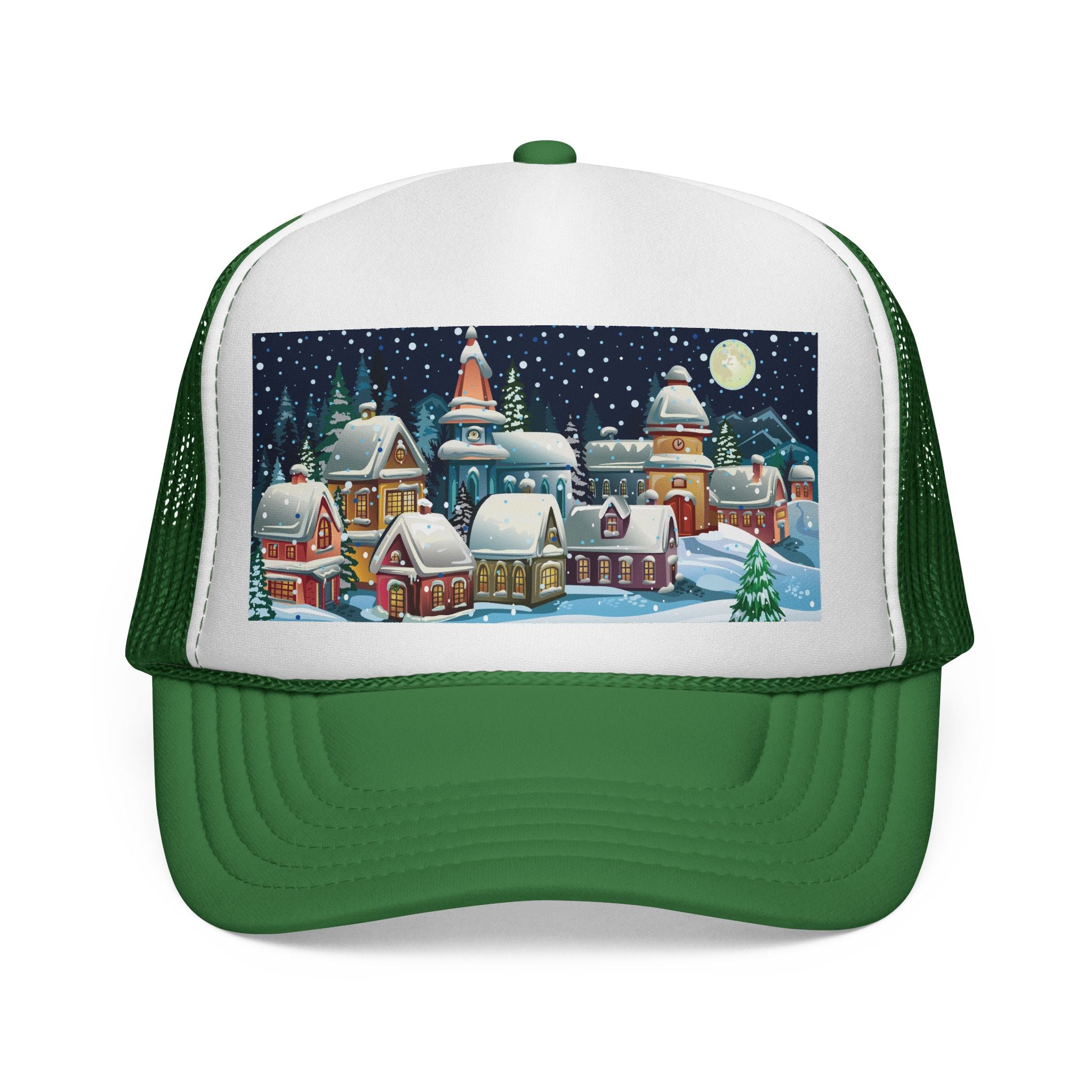 Designer Christmas Snowy Village Trucker Cap - Holiday Winter Scene Hat