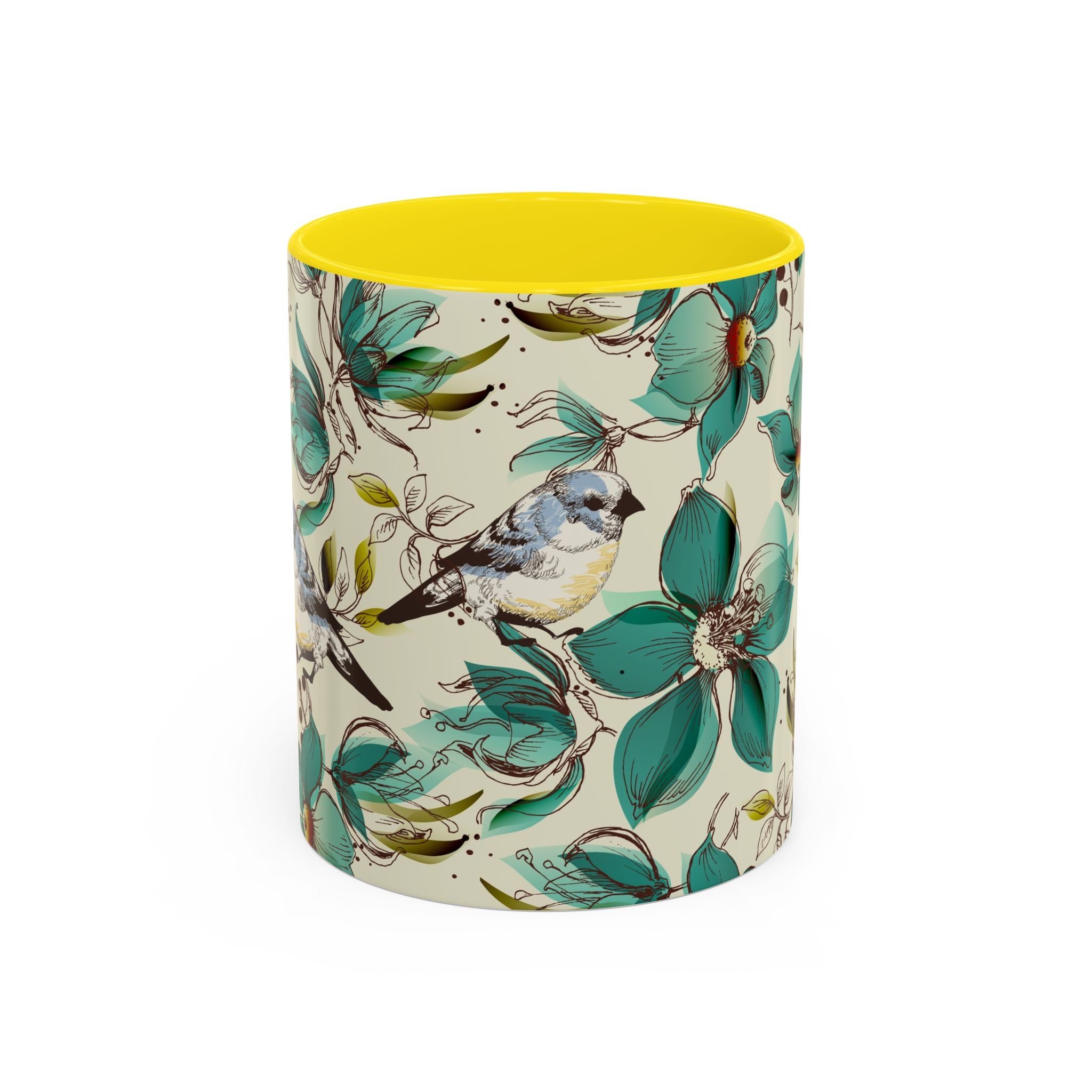 Designer Floral Bluebird Accent Coffee Mug – Teal Flower Ceramic Mug (11/15 oz)